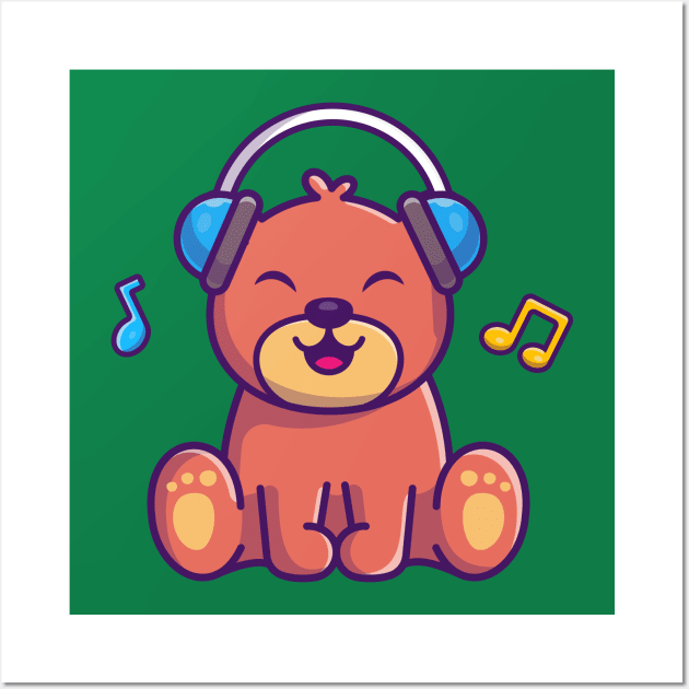 Cute Teddy Bear Listening Music With Headphone Cartoon Wall Art by Catalyst Labs